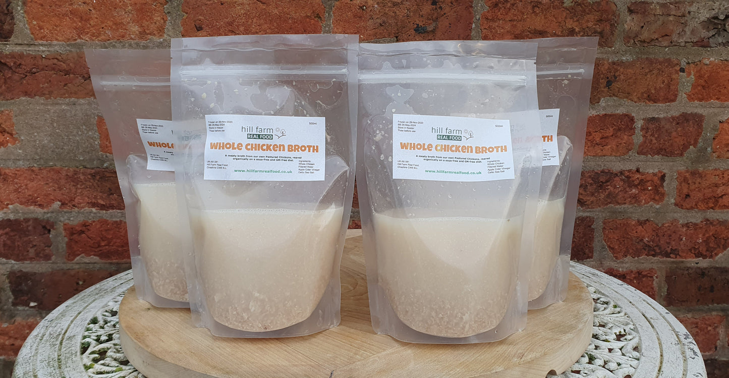 Hill Farm WHOLE CHICKEN BROTH 500ml x 4 pouch bundle (INCLUDES COURIER DELIVERY)